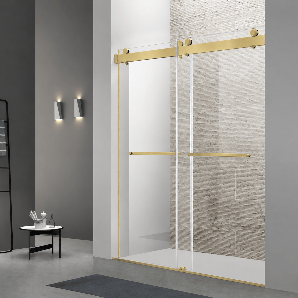 Astra Frameless Double Sliding Shower Door in a modern bathroom