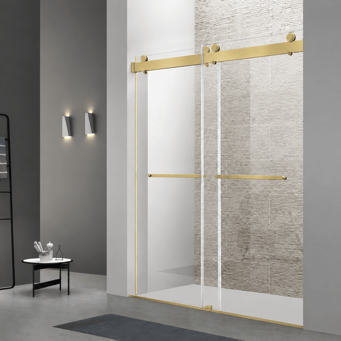 Astra Frameless Double Sliding Shower Door in a modern bathroom