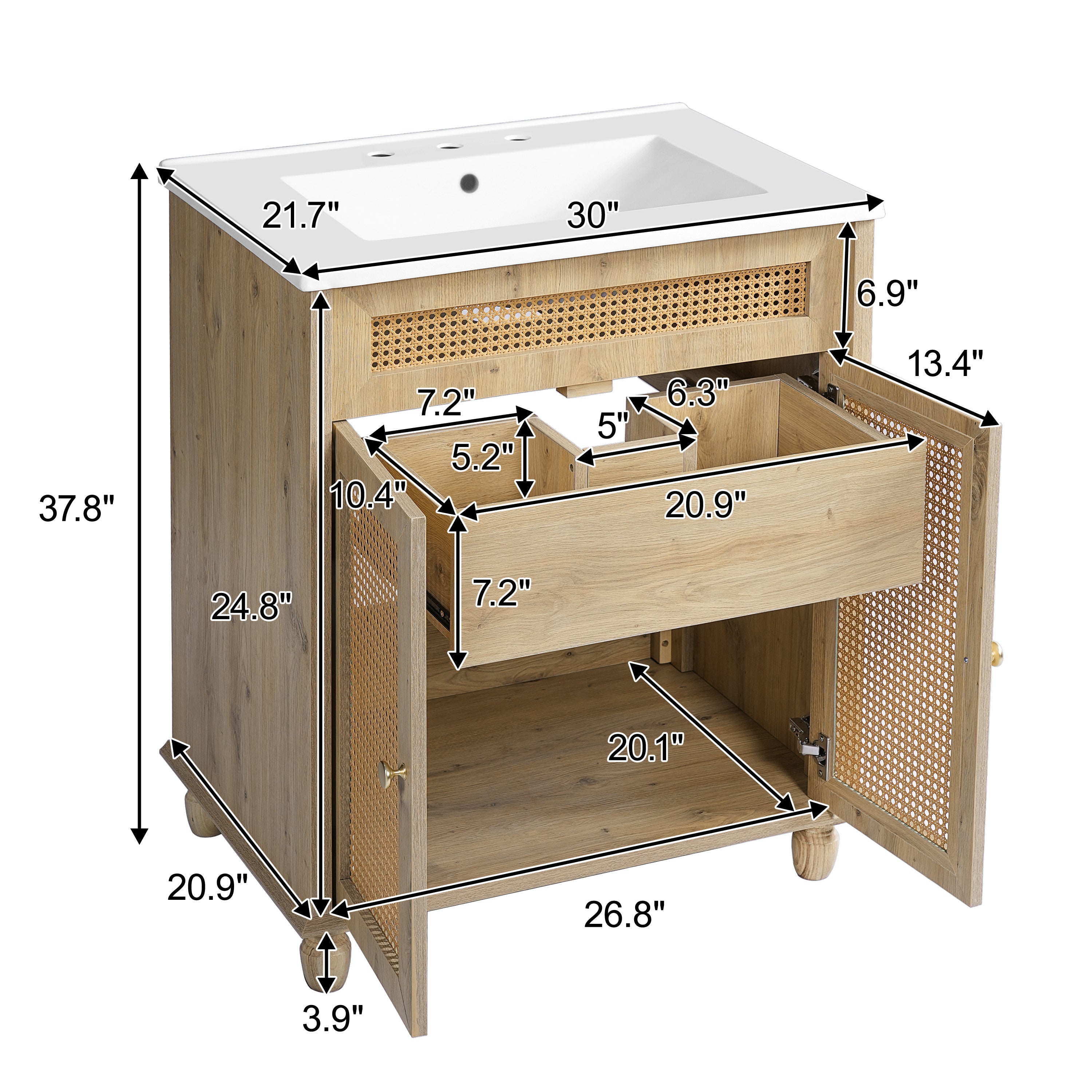 30" Freestanding Bathroom Vanity with Resin Sink, Rattan Doors and Soft-Close Storage