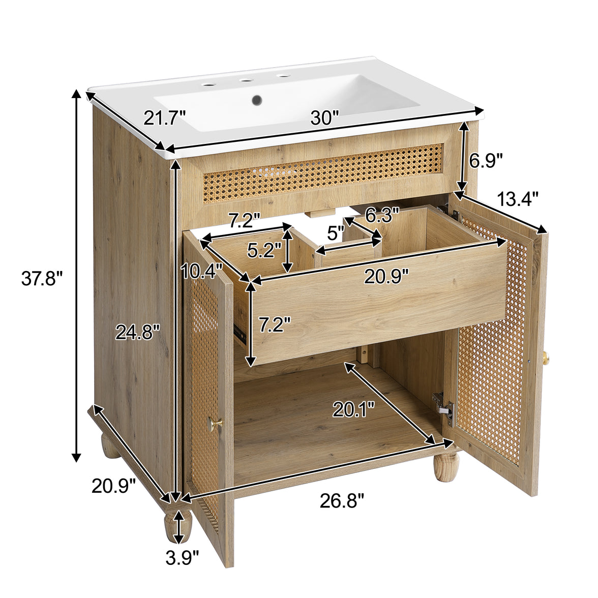 30" Freestanding Bathroom Vanity with Resin Sink, Rattan Doors and Soft-Close Storage