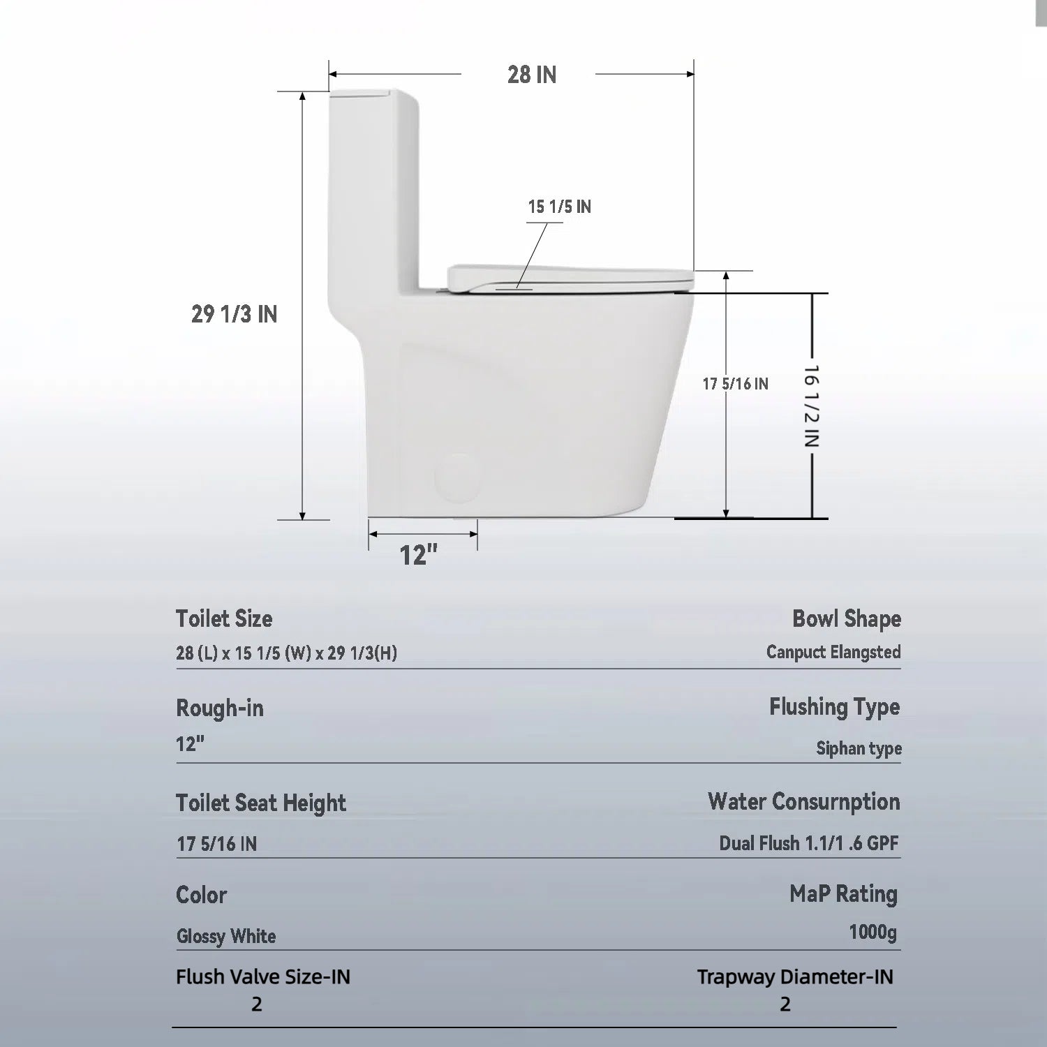 One-Piece Elongated Toilet with 1.1/1.6 GPF Dual Flush, 17" ADA Height and Soft-Close Seat
