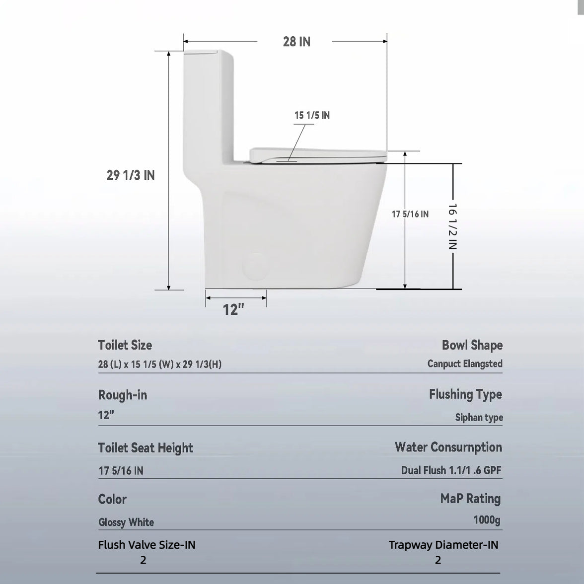 One-Piece Elongated Toilet with 1.1/1.6 GPF Dual Flush, 17" ADA Height and Soft-Close Seat