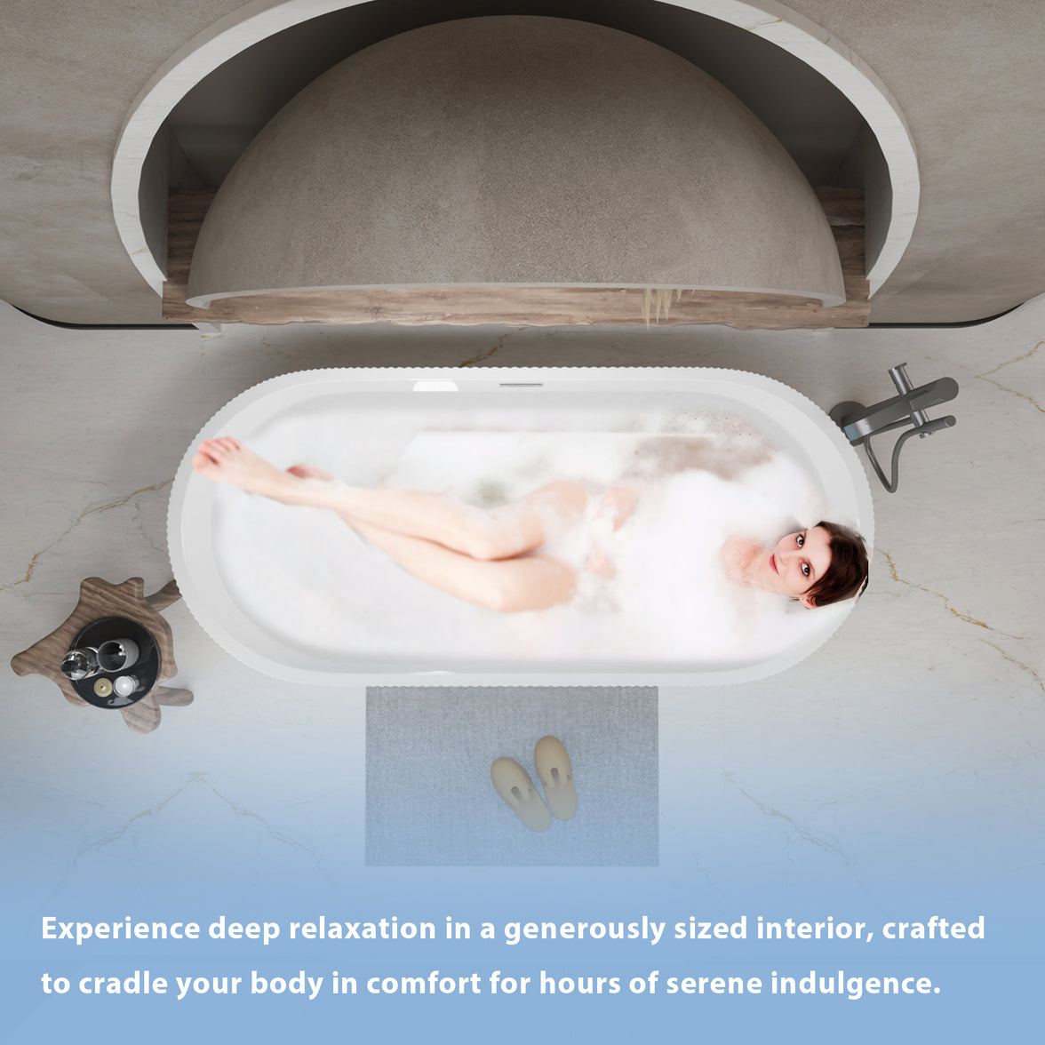 59"Linear AcrylicFreestanding Soaking Bathtub with Pop-Up Drain and Overflow in Gloss White