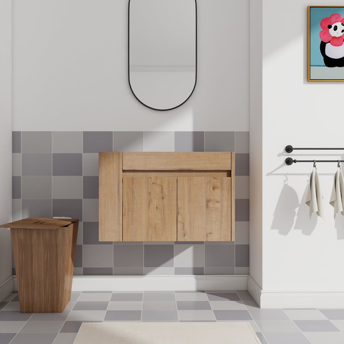 30" Imitative Oak Wall-Mounted Bathroom Vanity With White Ceramic Sink and Adjust Open Shelf