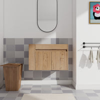 30" Imitative Oak Wall-Mounted Bathroom Vanity With White Ceramic Sink and Adjust Open Shelf
