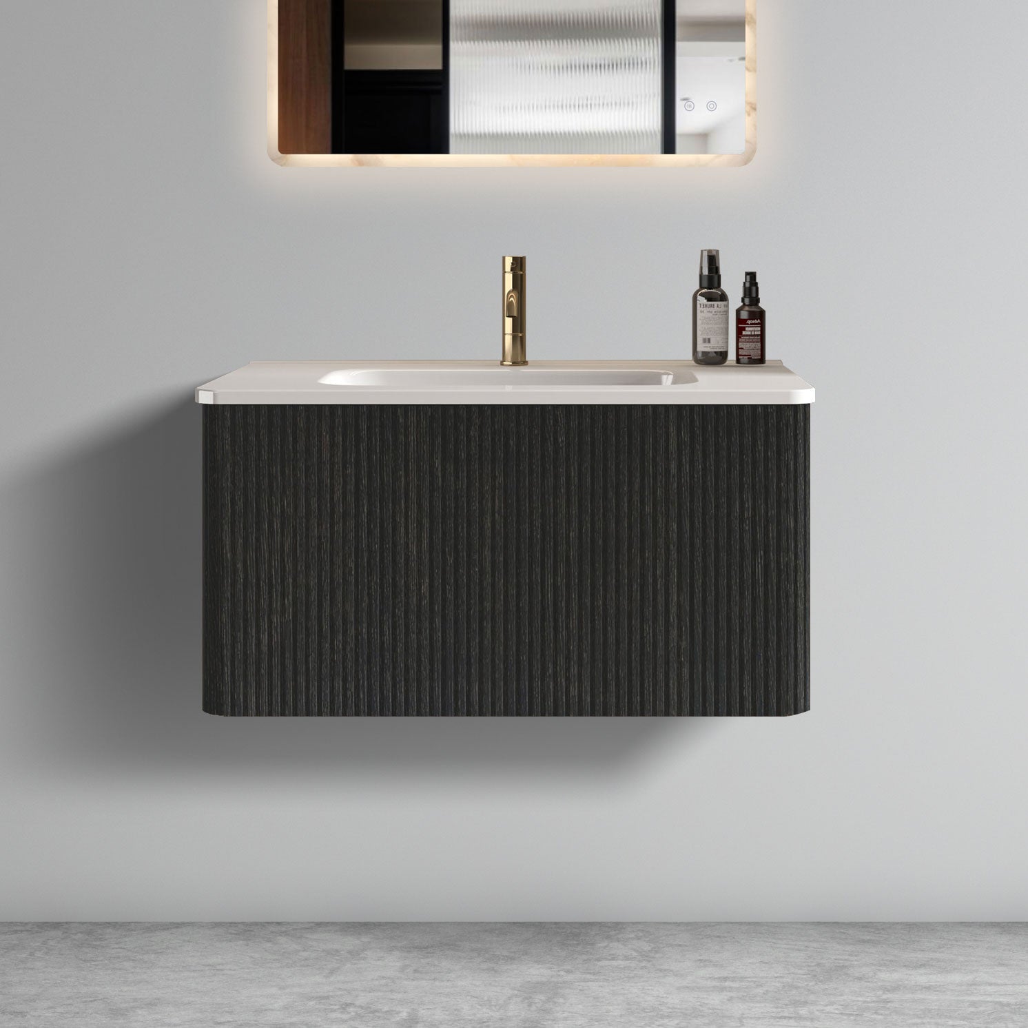 30" Striped Oak Wall-Mounted Bathroom Vanity in Black with integrated Ceramic Sink, Fully Assembled