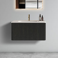 30" Striped Oak Wall-Mounted Bathroom Vanity in Black with integrated Ceramic Sink, Fully Assembled