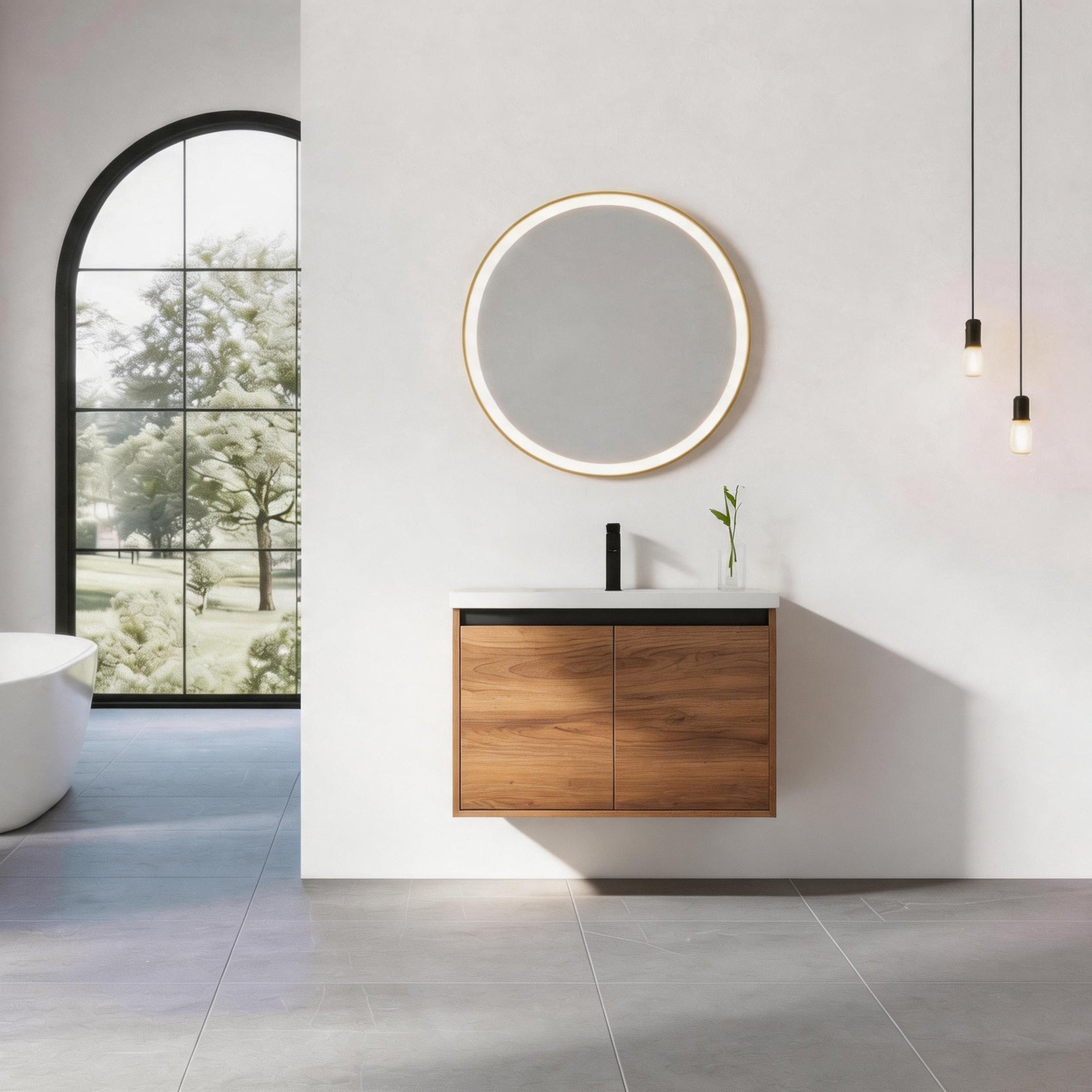 30" Ebony Wall-Mounted Bathroom Vanity in Brown with Resin Sink and Soft-Close Storage