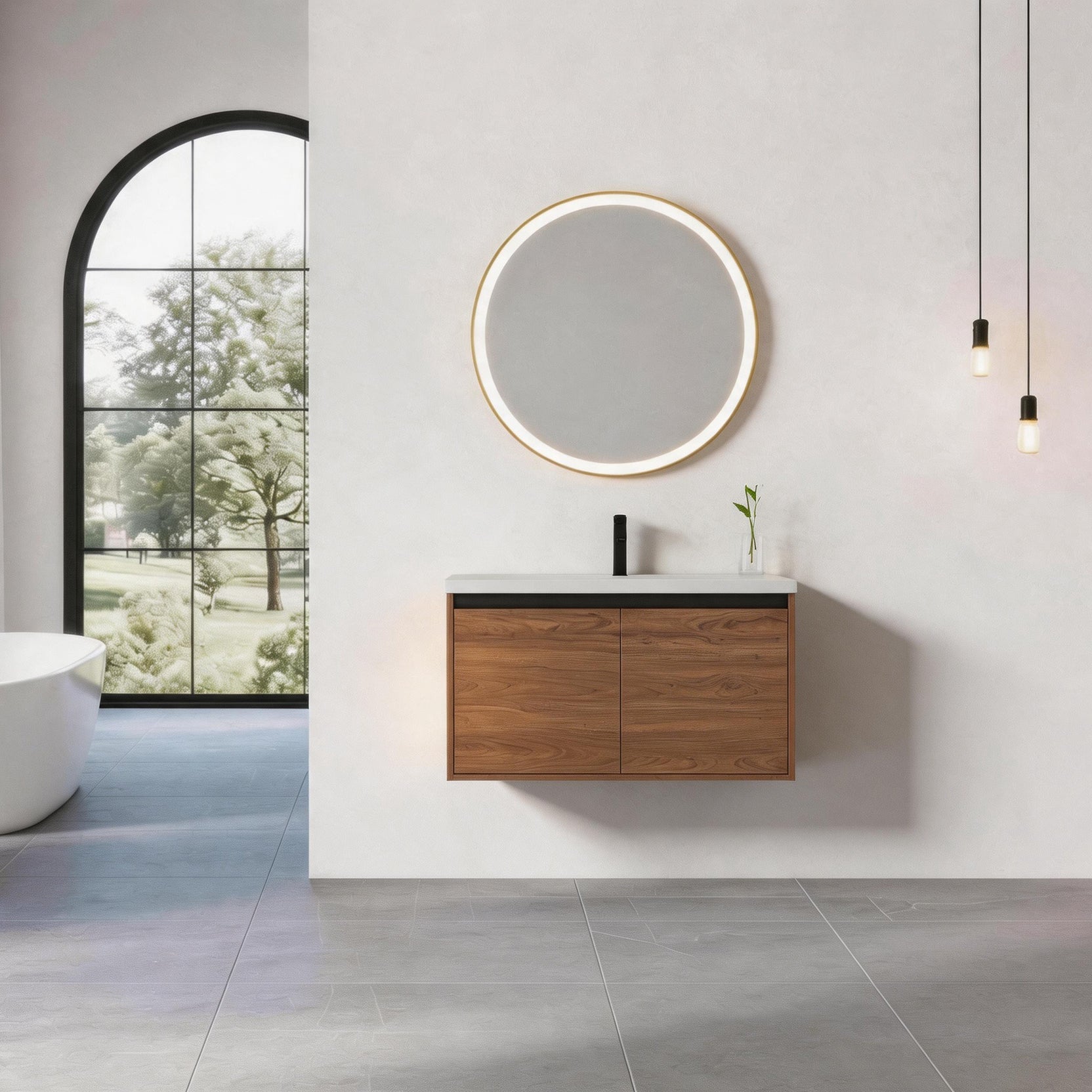 36" Ebony Wall-Mounted Bathroom Vanity in Brown with Resin Sink and Soft-Close Storage