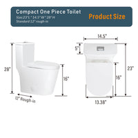 23" Compact One-Piece Toilet with 0.8/1.6 GPF Dual Flush and Soft-Close Seat in White