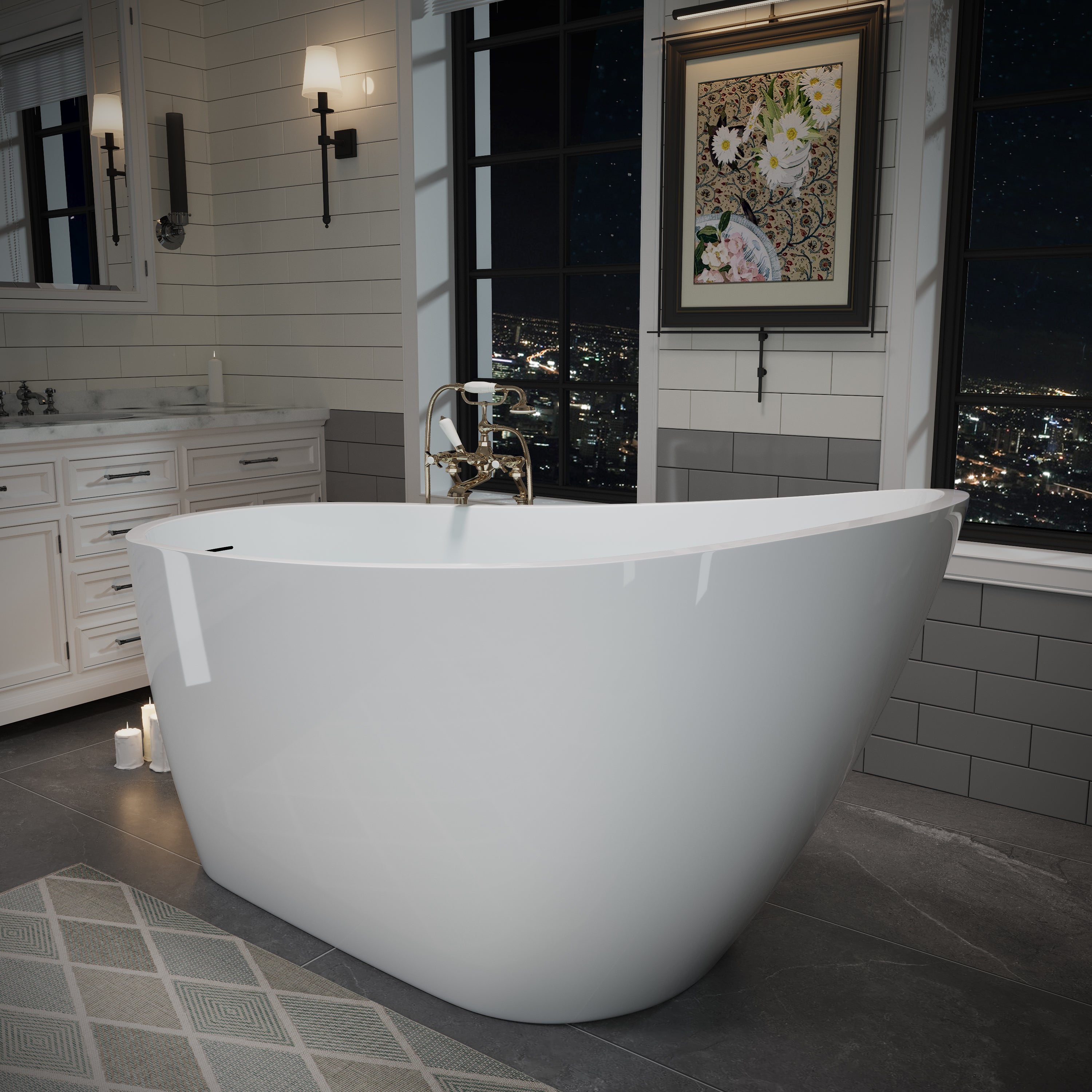 55" Acrylic Freestanding Soaking Bathtub with Pop-Up Drain and Overflow in Gloss White