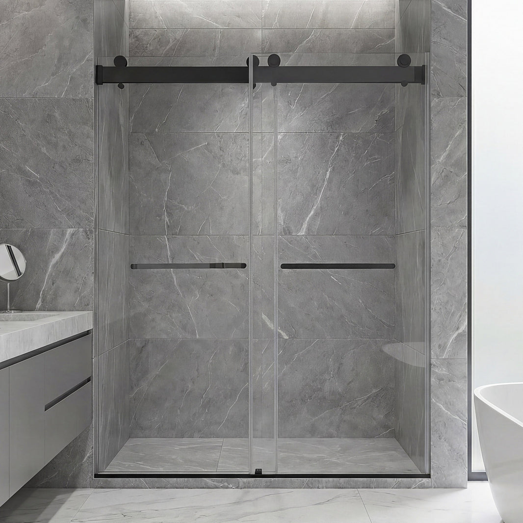 Frameless Double Sliding Shower Door with Dual Towel Bars, Stainless Steel