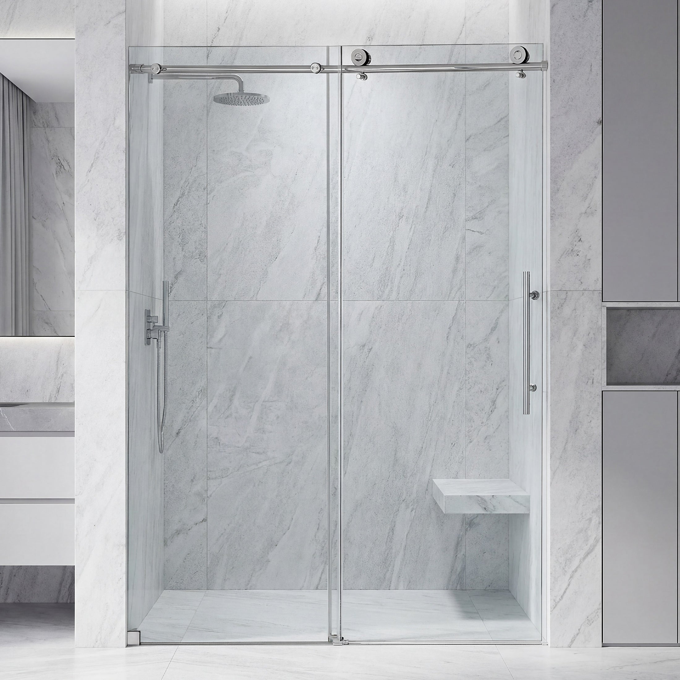 Frameless Double Sliding Shower Door with Side Panel & Single Handle, Stainless Steel