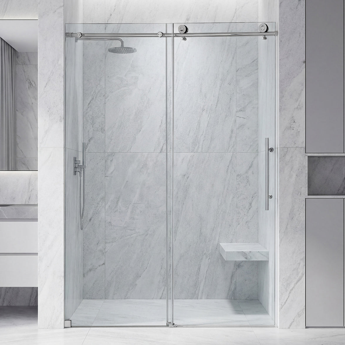 Frameless Double Sliding Shower Door with Side Panel & Single Handle, 76" High x Adjustable 60"-64" Wide  Stainless Steel 8mm
