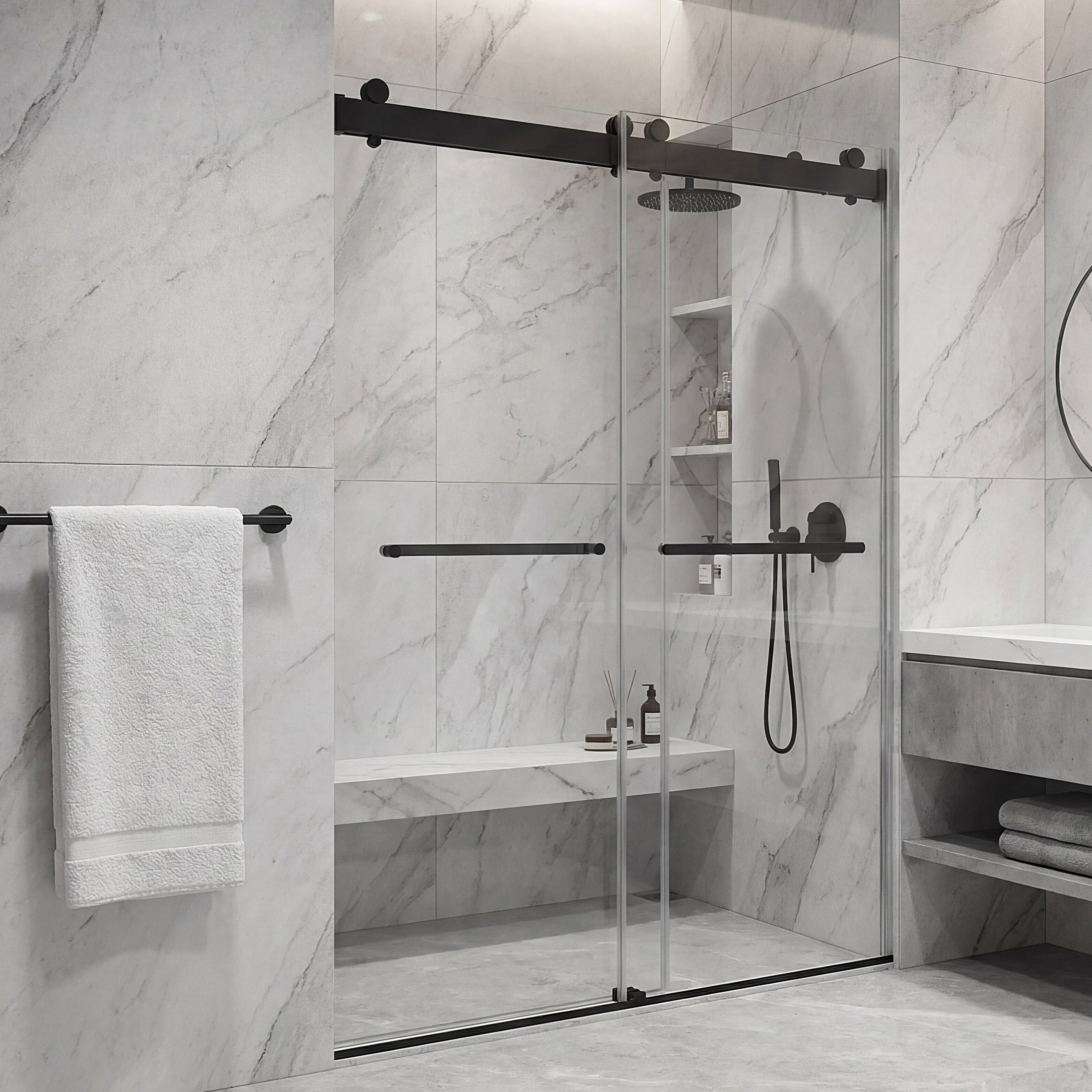 Frameless Double Sliding Shower Door with Dual Towel Bars, Stainless Steel