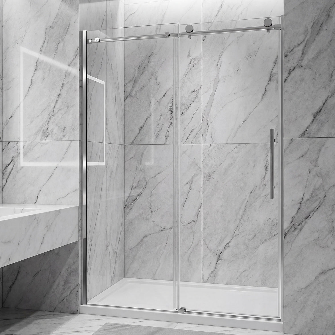 Frameless Double Sliding Shower Door with Side Panel & Single Handle, 76" High x Adjustable 60"-64" Wide  Stainless Steel 8mm