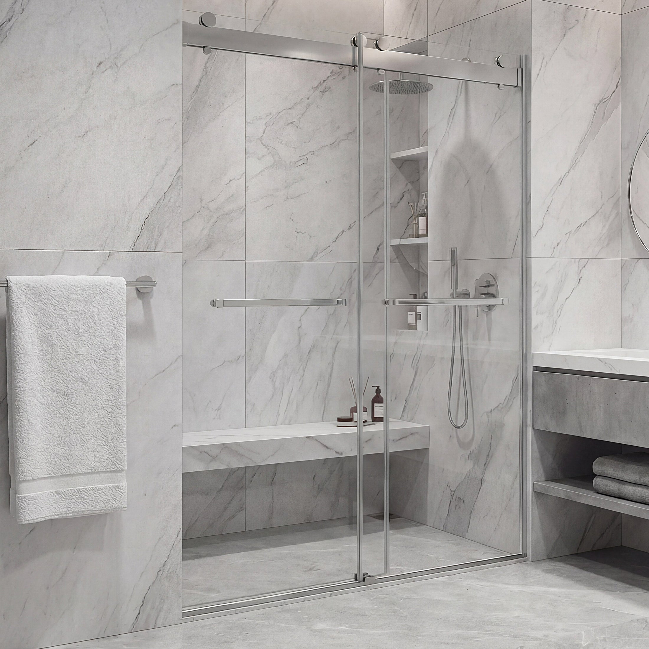 Frameless Double Sliding Shower Door with Dual Towel Bars, Stainless Steel