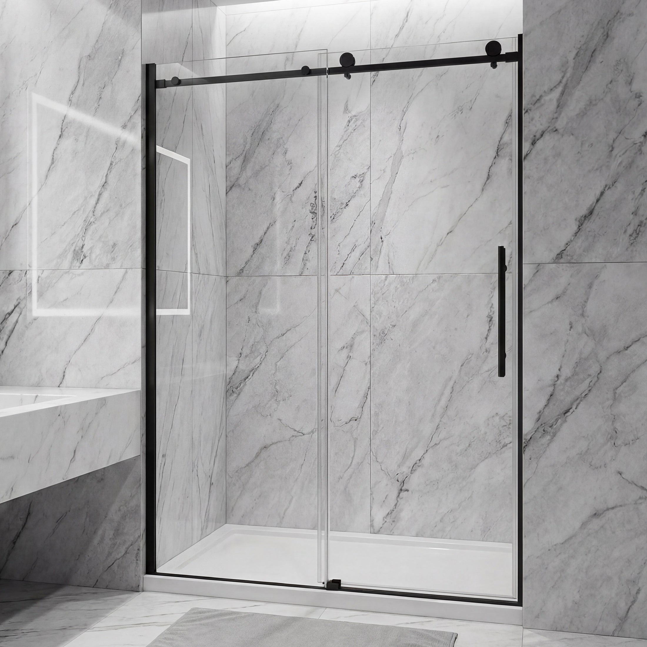 Frameless Double Sliding Shower Door with Side Panel & Single Handle, Stainless Steel