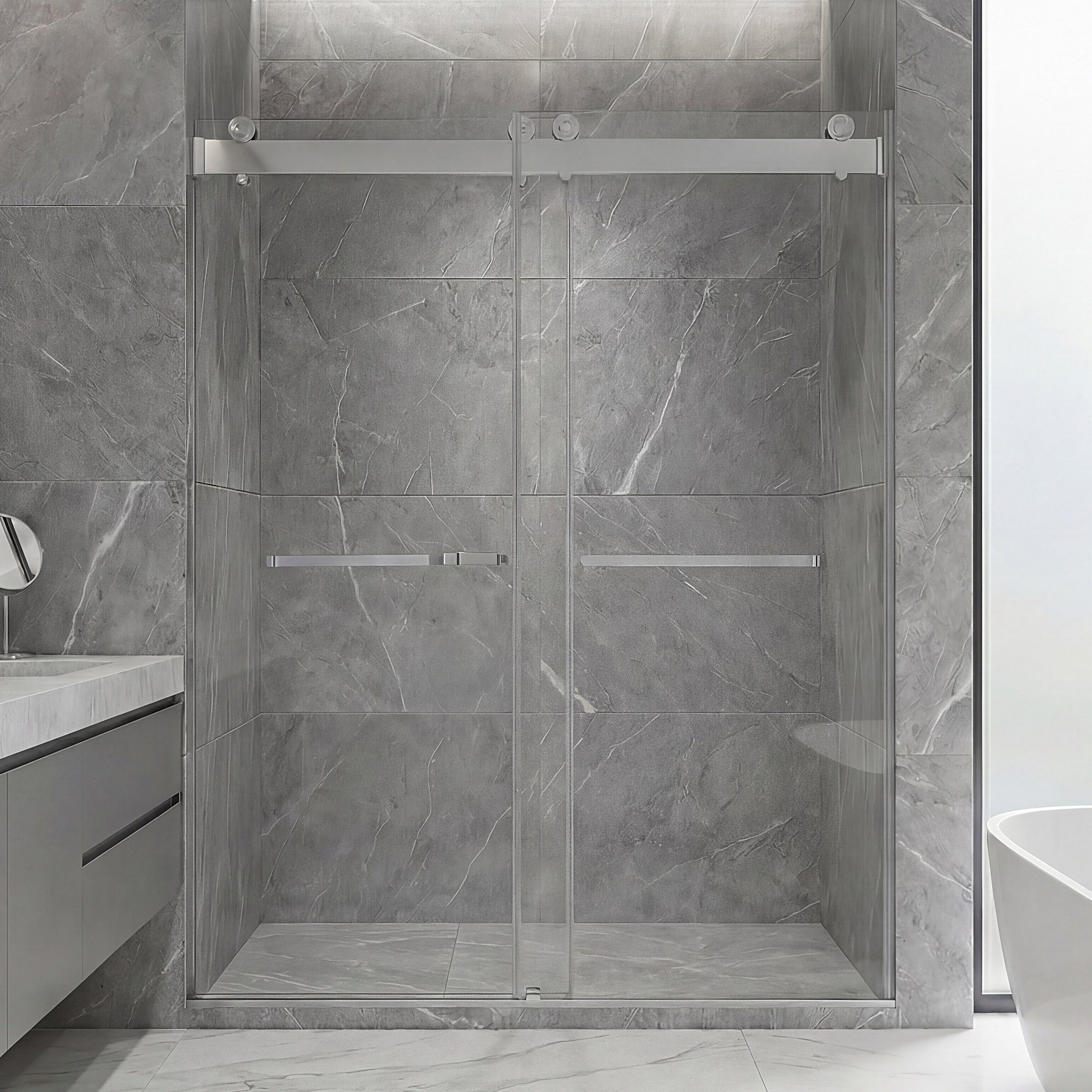 Frameless Double Sliding Shower Door with Dual Towel Bars, Stainless Steel