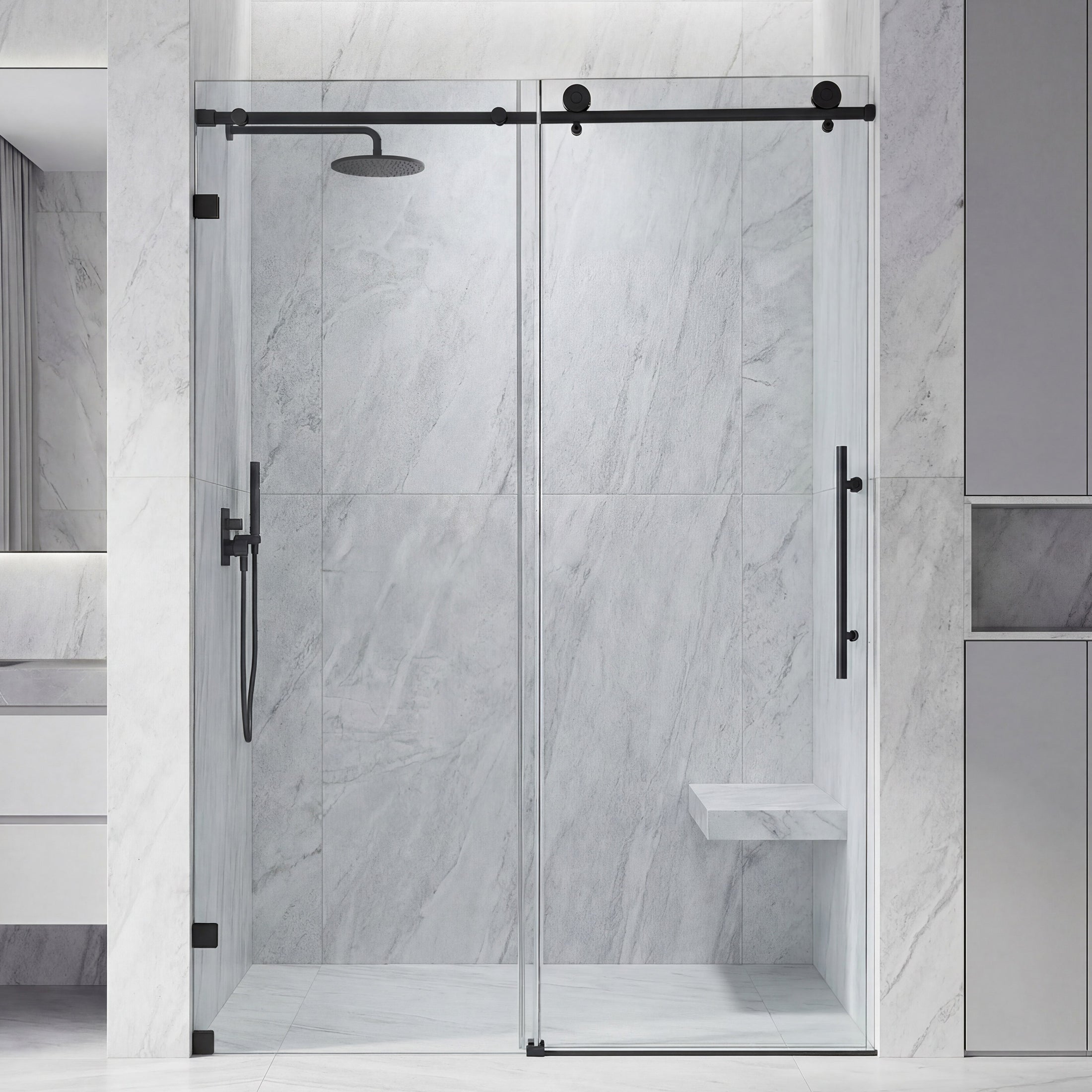Frameless Double Sliding Shower Door with Side Panel & Single Handle, Stainless Steel
