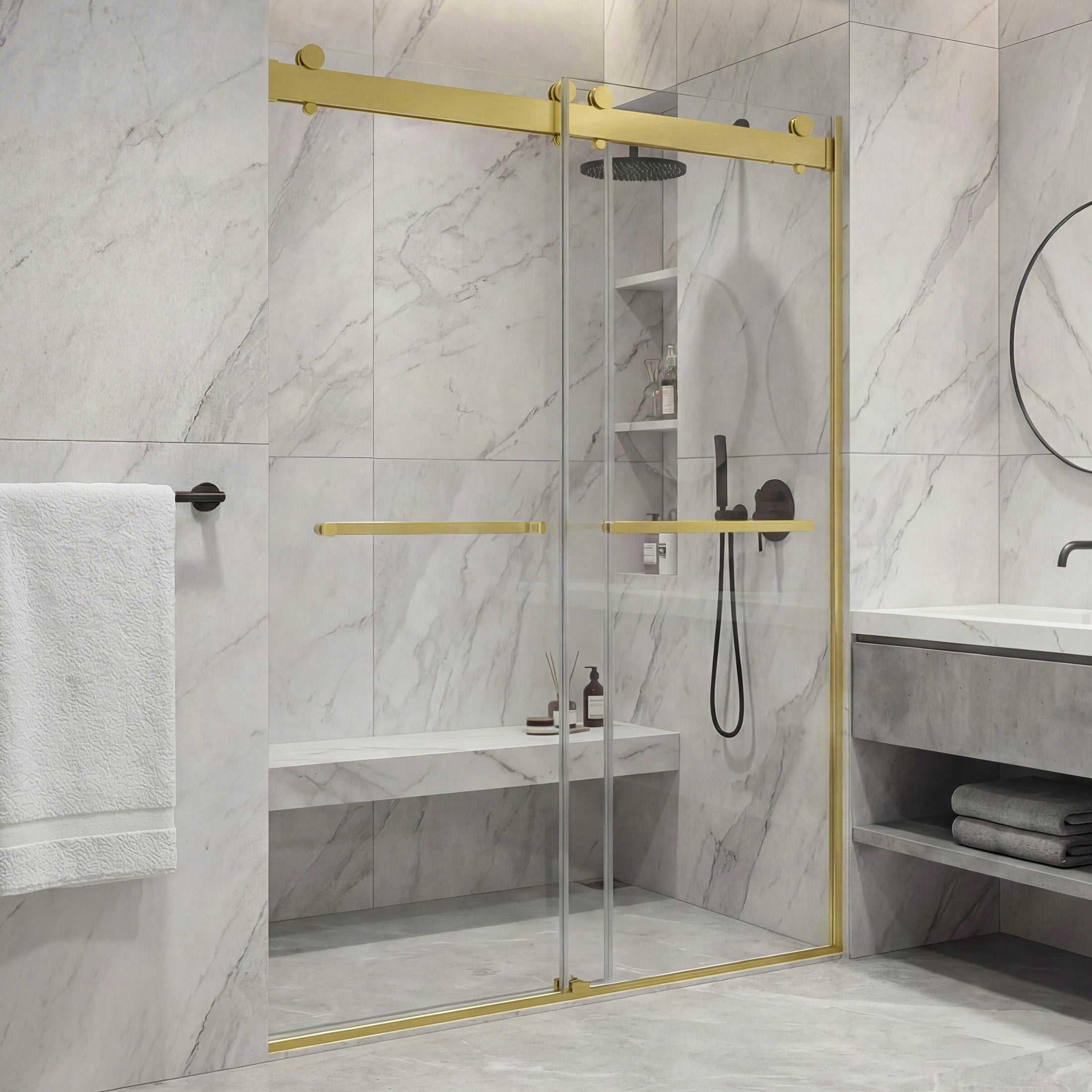 Frameless Double Sliding Shower Door with Dual Towel Bars, Stainless Steel