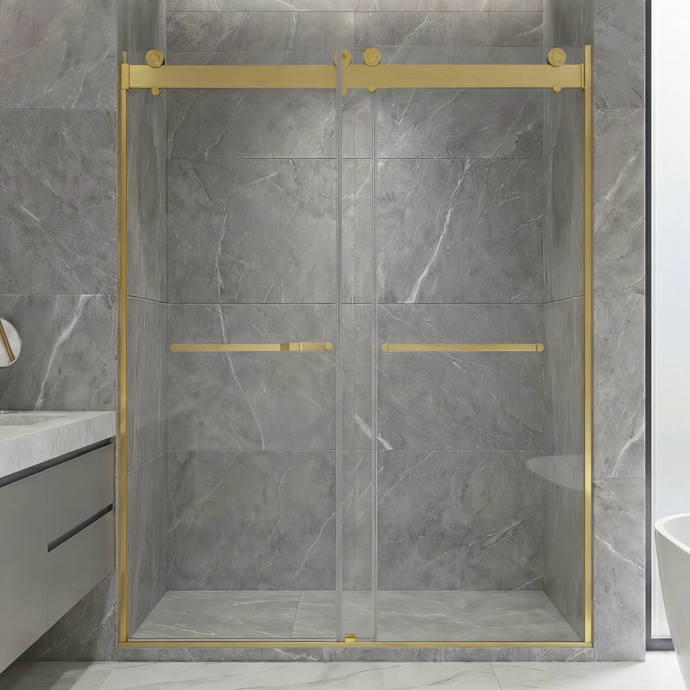 Frameless Double Sliding Shower Door with Dual Towel Bars, Stainless Steel