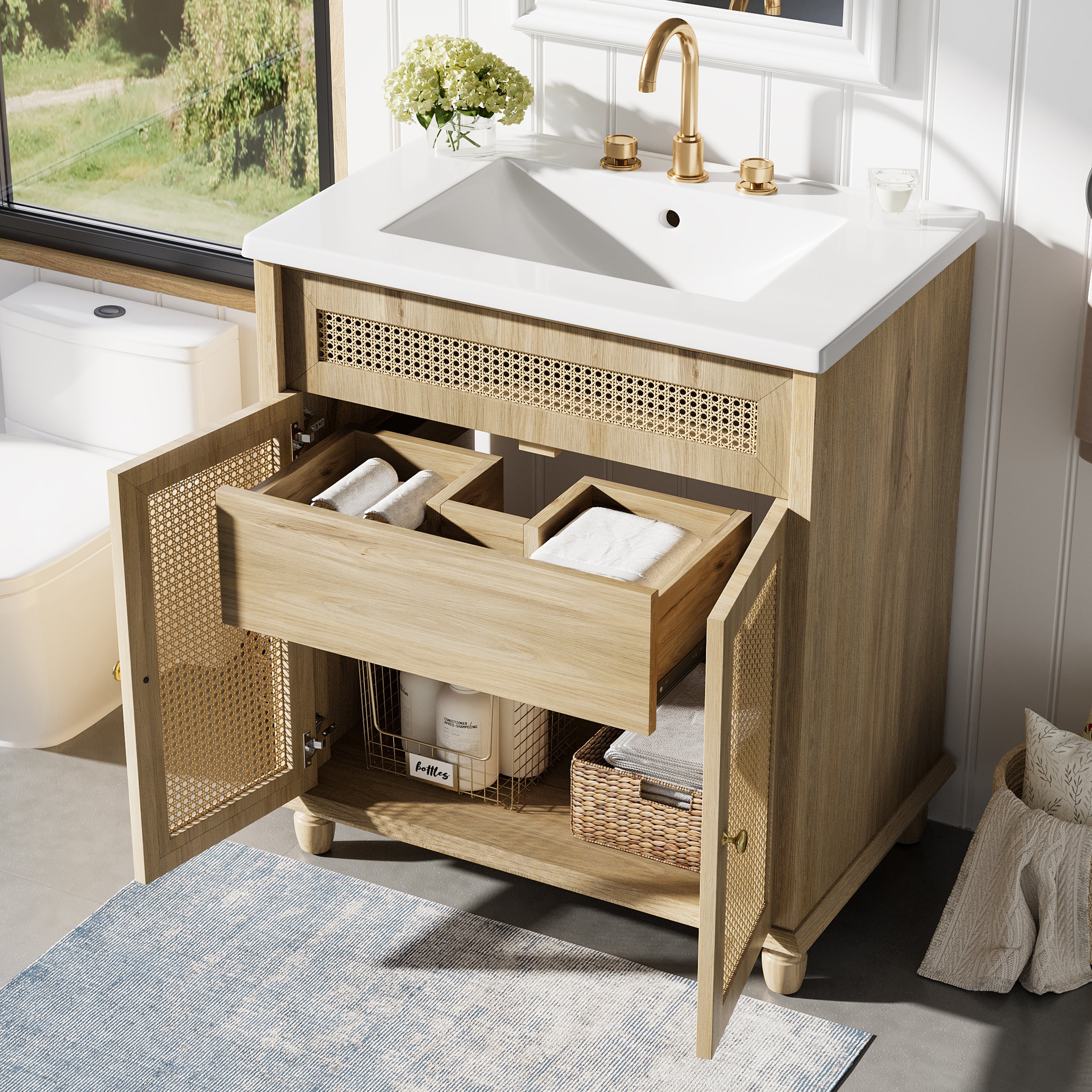 30" Freestanding Bathroom Vanity with Resin Sink, Rattan Doors and Soft-Close Storage