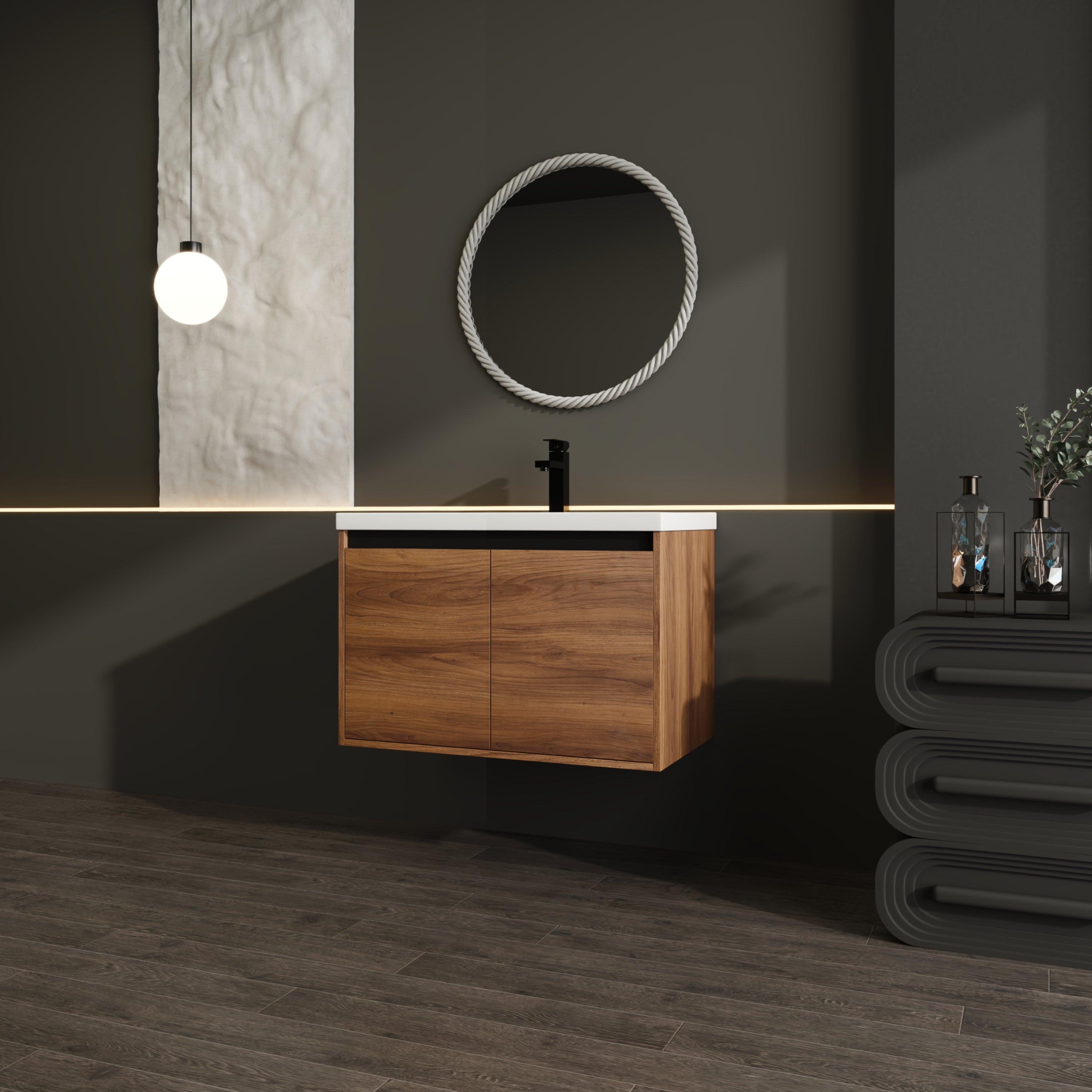 30" Ebony Wall-Mounted Bathroom Vanity in Brown with Resin Sink and Soft-Close Storage