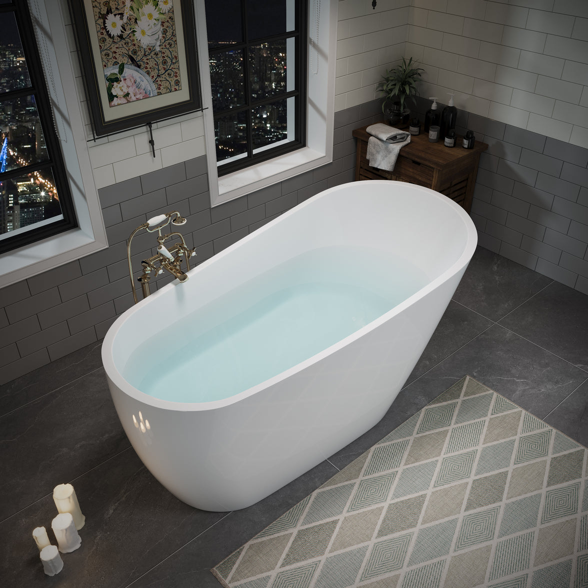 55" Acrylic Freestanding Soaking Bathtub with Pop-Up Drain and Overflow in Gloss White