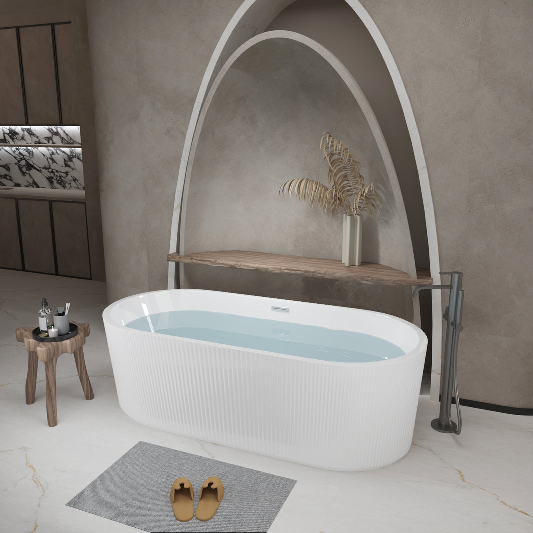 59" Linear Acrylic Freestanding Soaking Bathtub with Pop-Up Drain and Overflow in Gloss White
