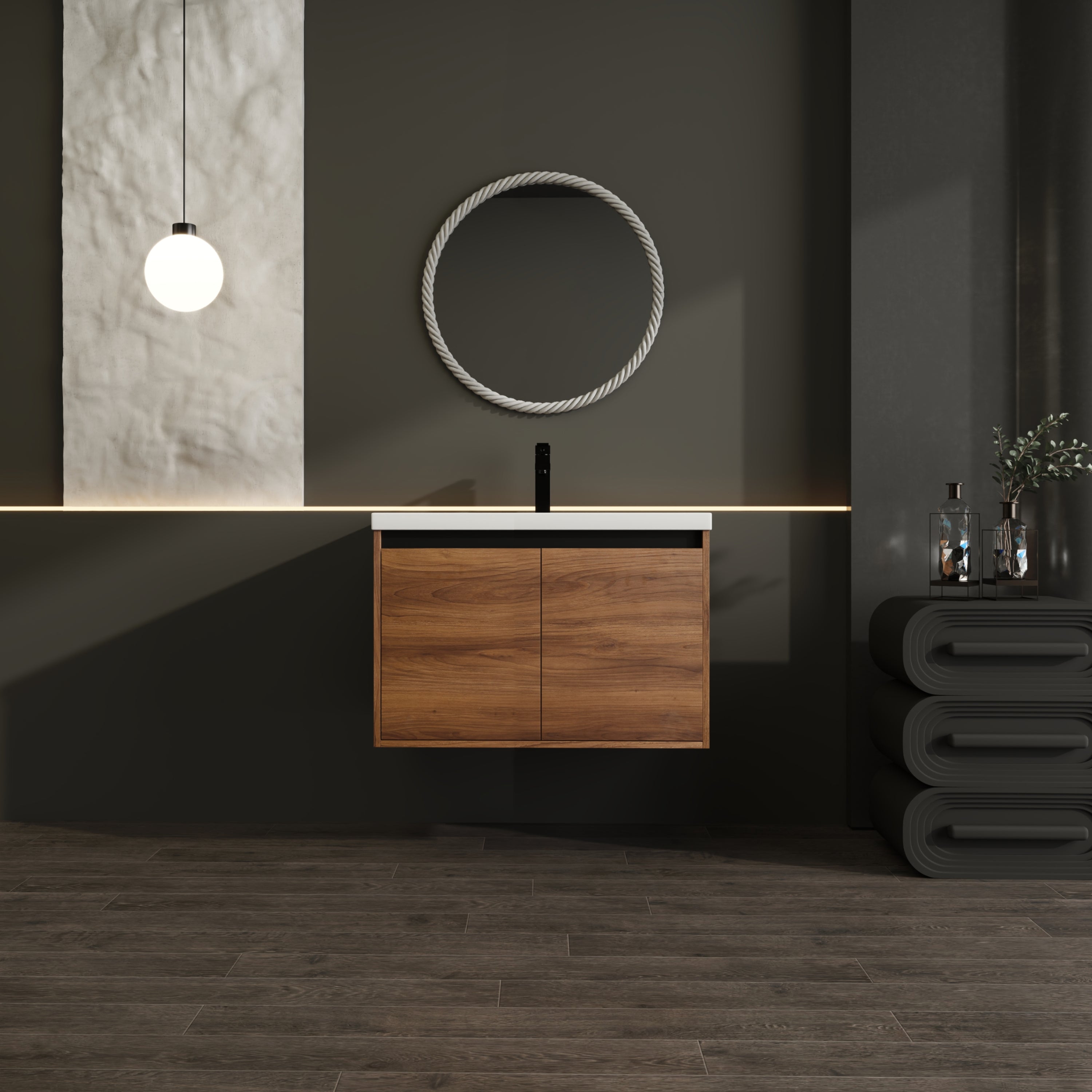30" Ebony Wall-Mounted Bathroom Vanity in Brown with Resin Sink and Soft-Close Storage