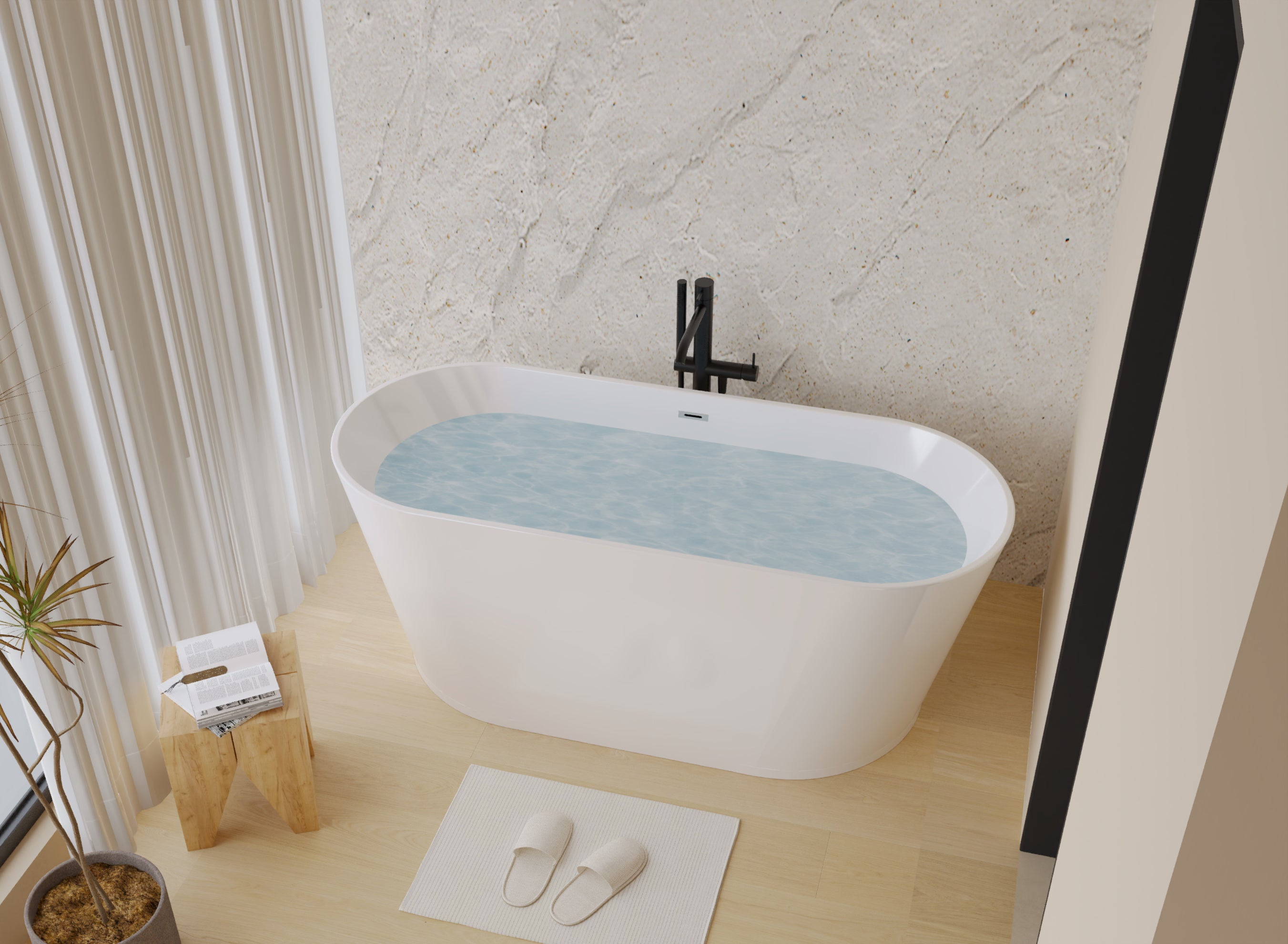 55" Acrylic Freestanding Soaking Bathtub with Pop-Up Drain and Overflow in Gloss White