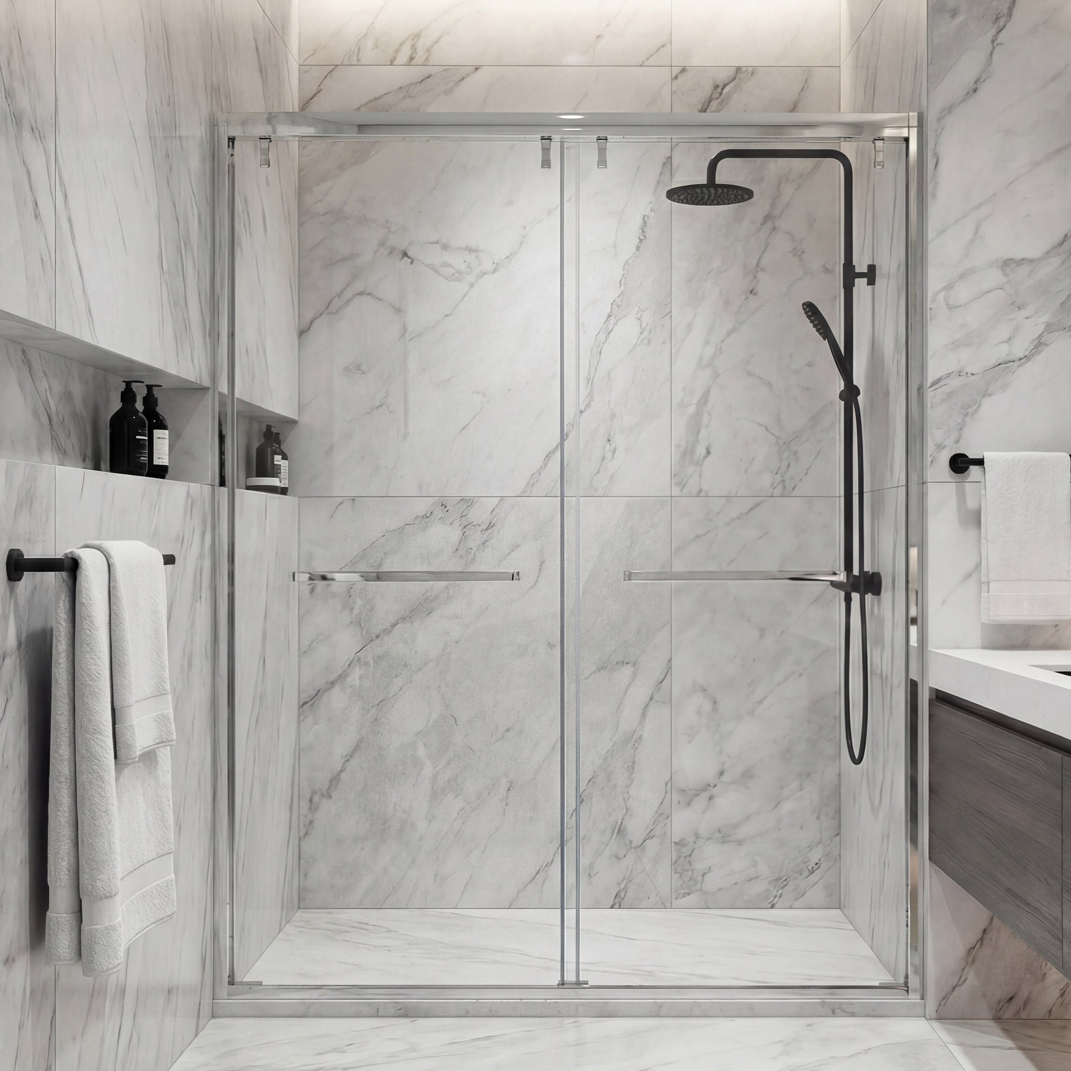 Framed Double Sliding Shower Door with Dual Towel Bars, Stainless Steel
