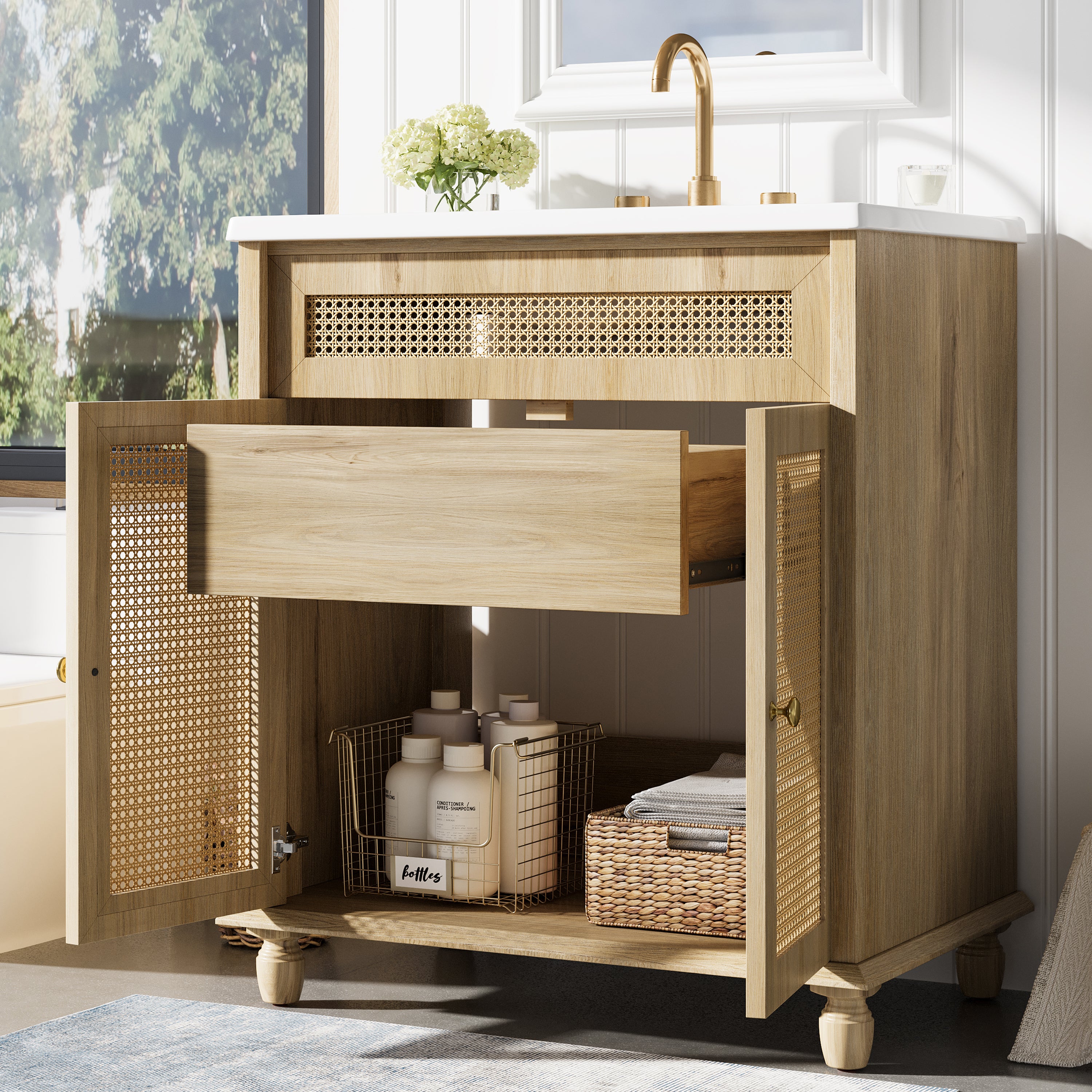 30" Freestanding Bathroom Vanity with Resin Sink, Rattan Doors and Soft-Close Storage