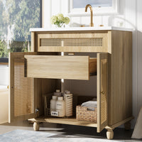 30" Freestanding Bathroom Vanity with Resin Sink, Rattan Doors and Soft-Close Storage