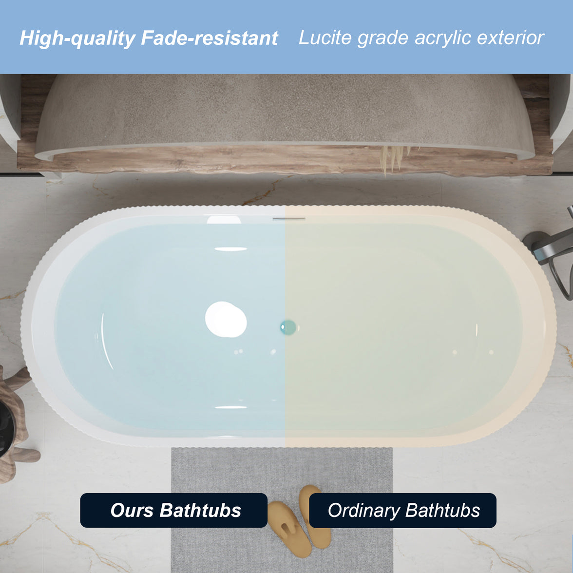 59"Linear AcrylicFreestanding Soaking Bathtub with Pop-Up Drain and Overflow in Gloss White