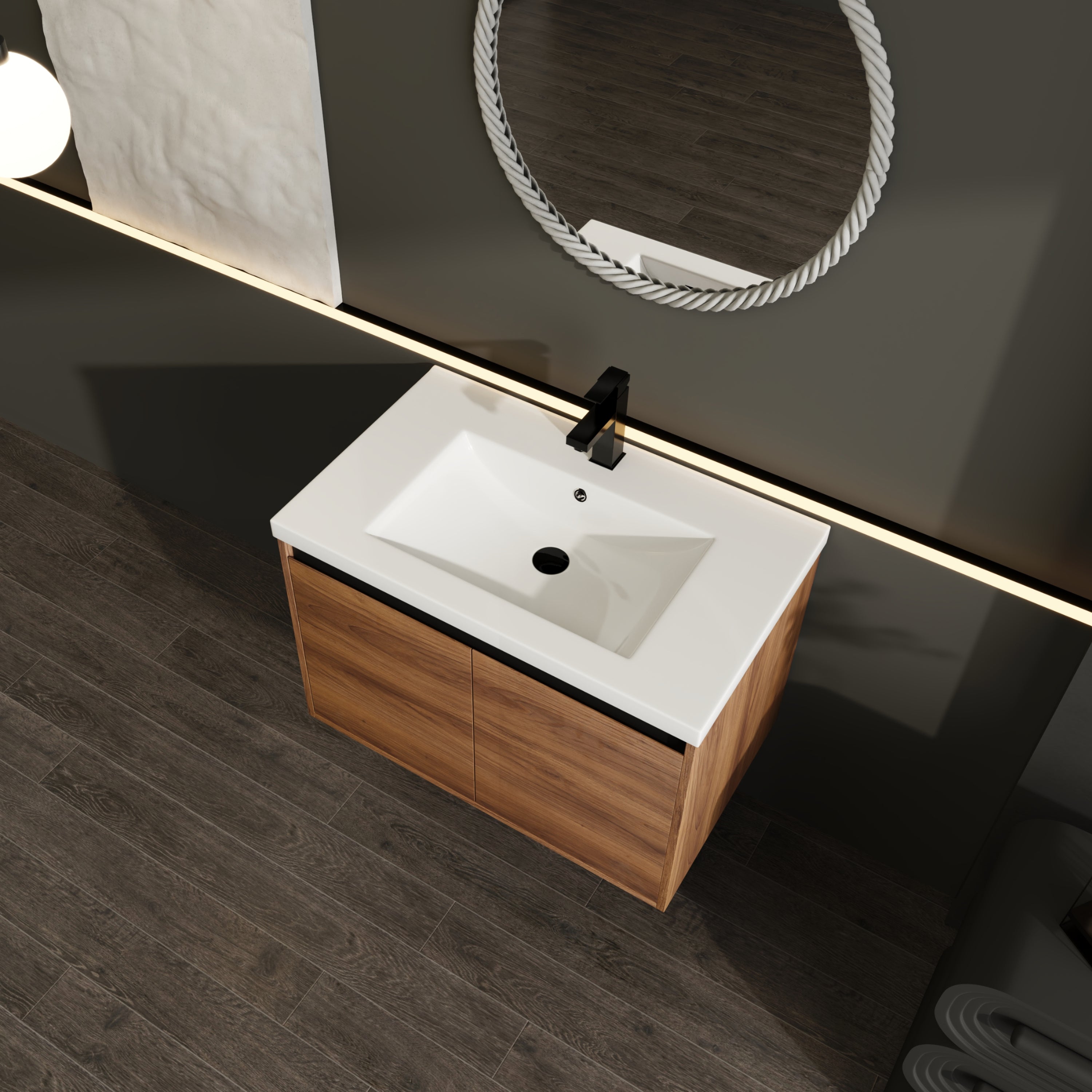 30" Ebony Wall-Mounted Bathroom Vanity in Brown with Resin Sink and Soft-Close Storage