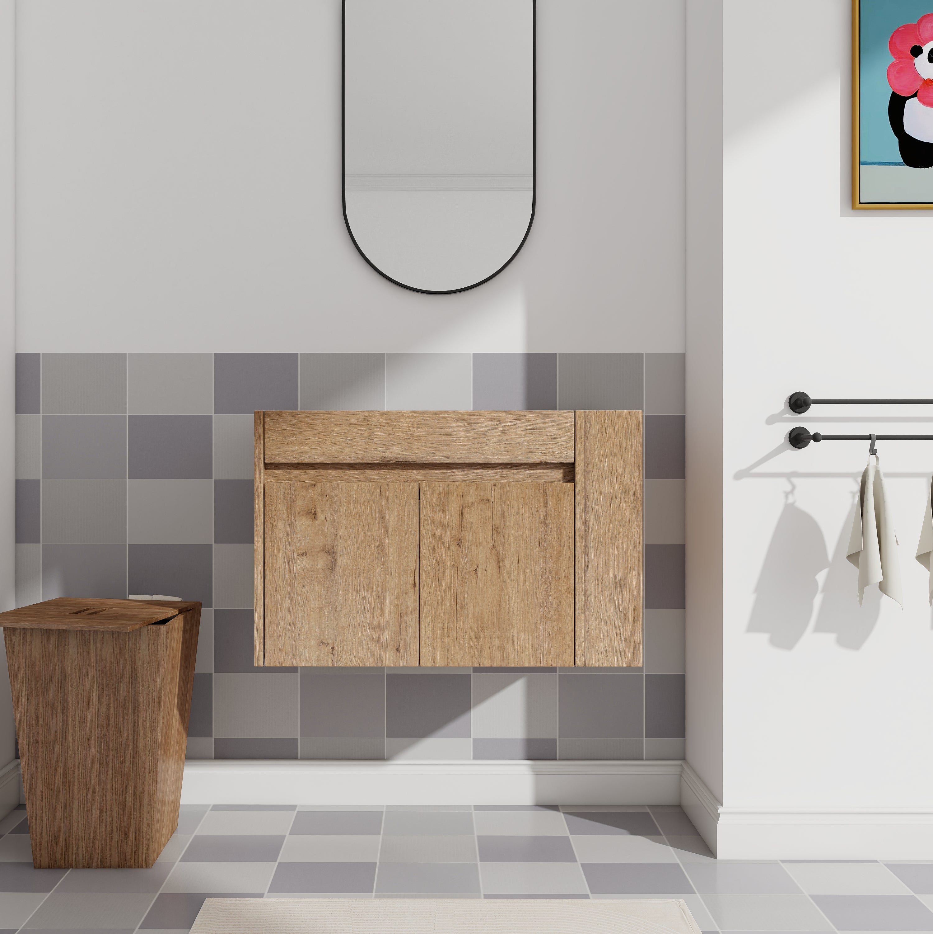 30" Imitative Oak Wall-Mounted Bathroom Vanity With Adjust Open Shelf - No Sink Included