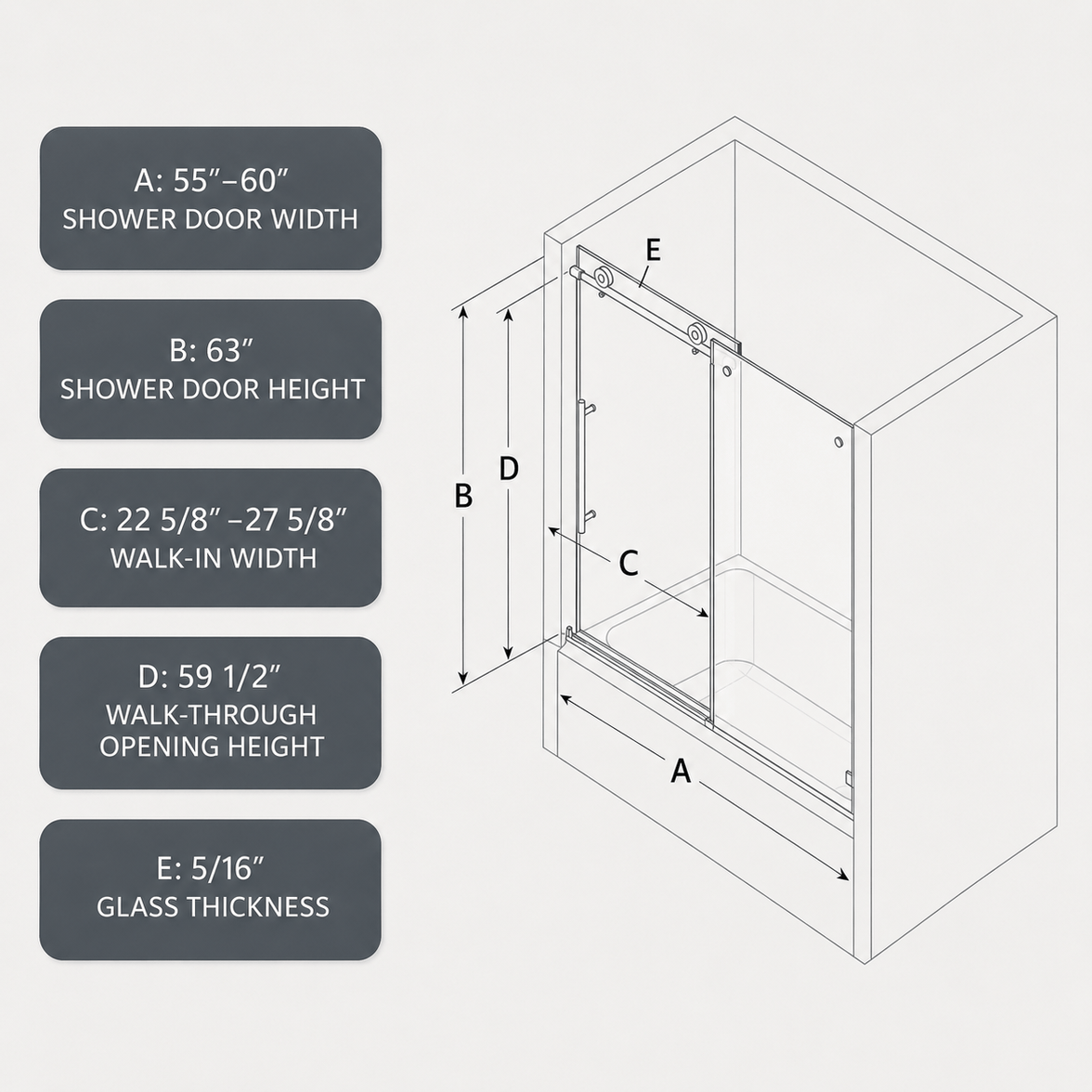 Jade 55 to 60 inch frameless sliding bathtub door specifications