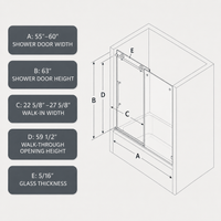 Jade 55 to 60 inch frameless sliding bathtub door specifications