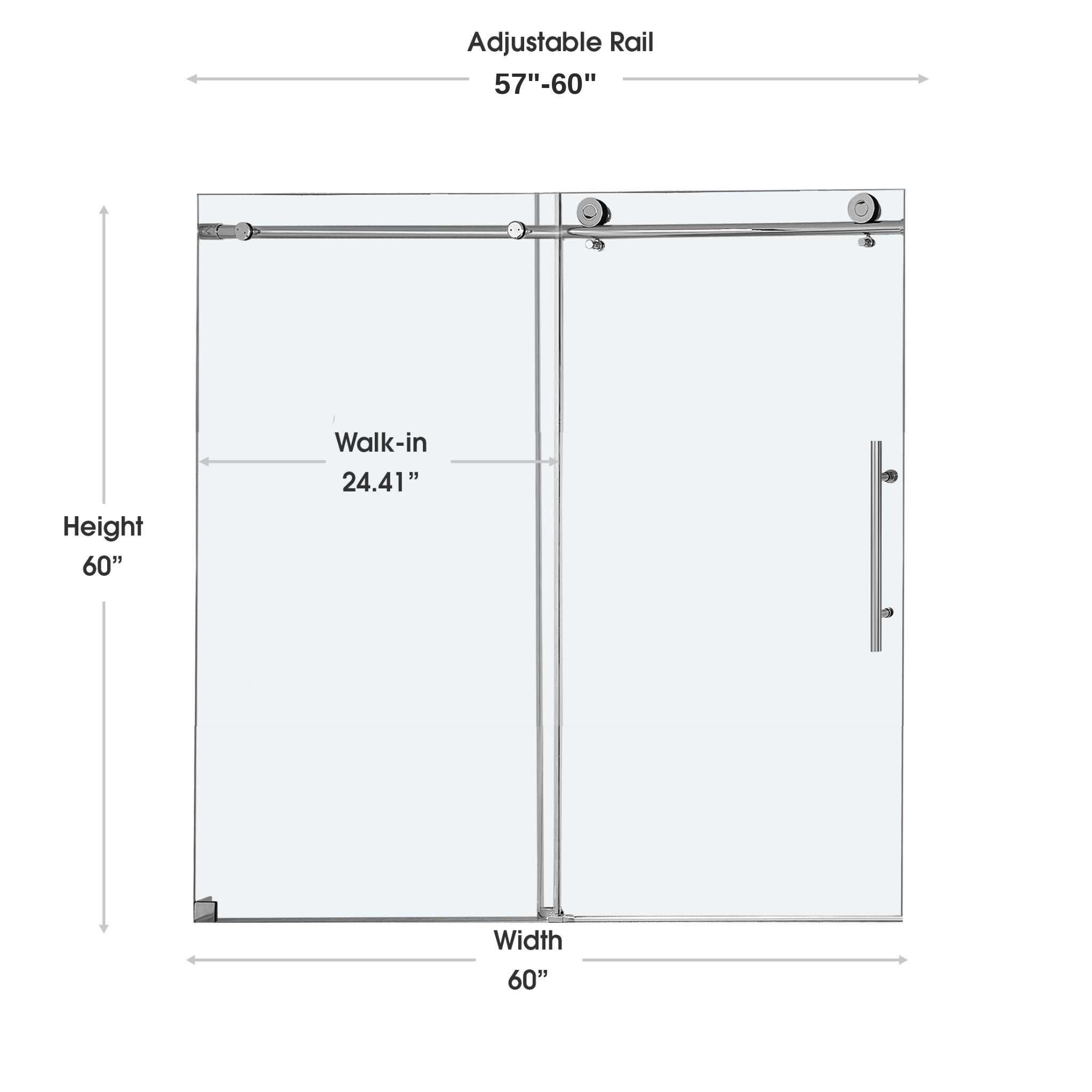 Jade 57 to 60w ×60h brushed nickel frameless sliding shower door dimensio