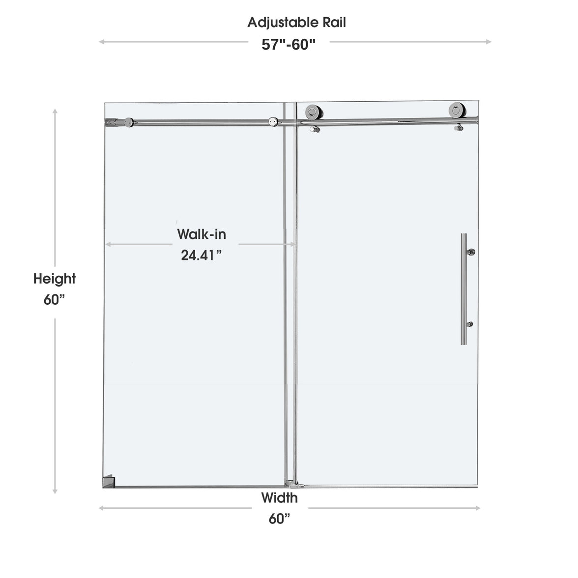 Jade 57 to 60w ×60h brushed nickel frameless sliding shower door dimensio