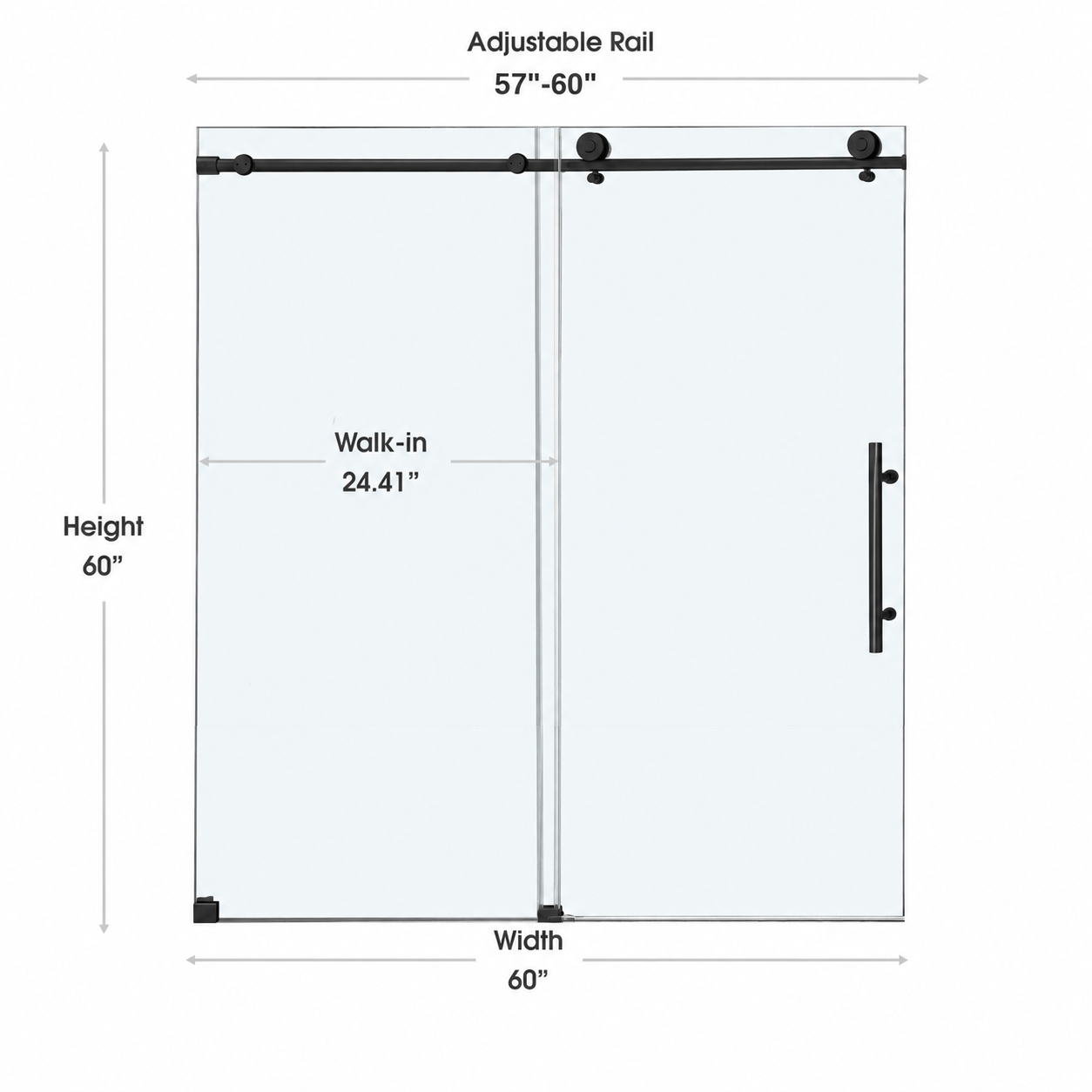 Jade 57 to 60w×60h matte black frameless sliding shower door dimensions