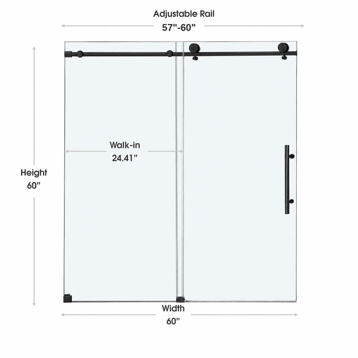 Jade 57 to 60w×60h matte black frameless sliding shower door dimensions