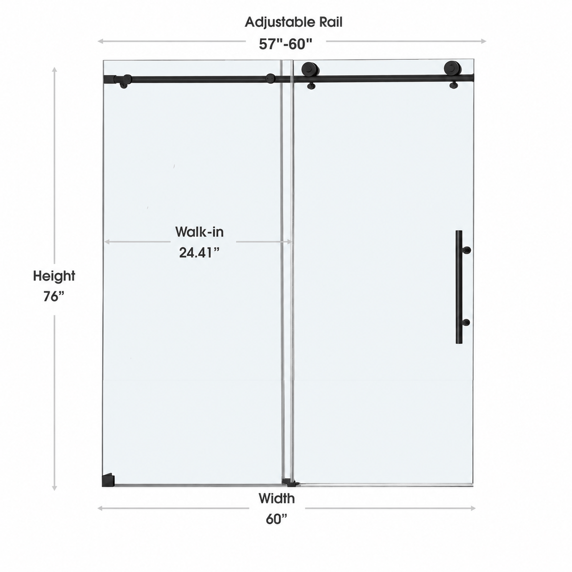 Jade 57 to 60w×76h matte black frameless sliding shower door dimensions