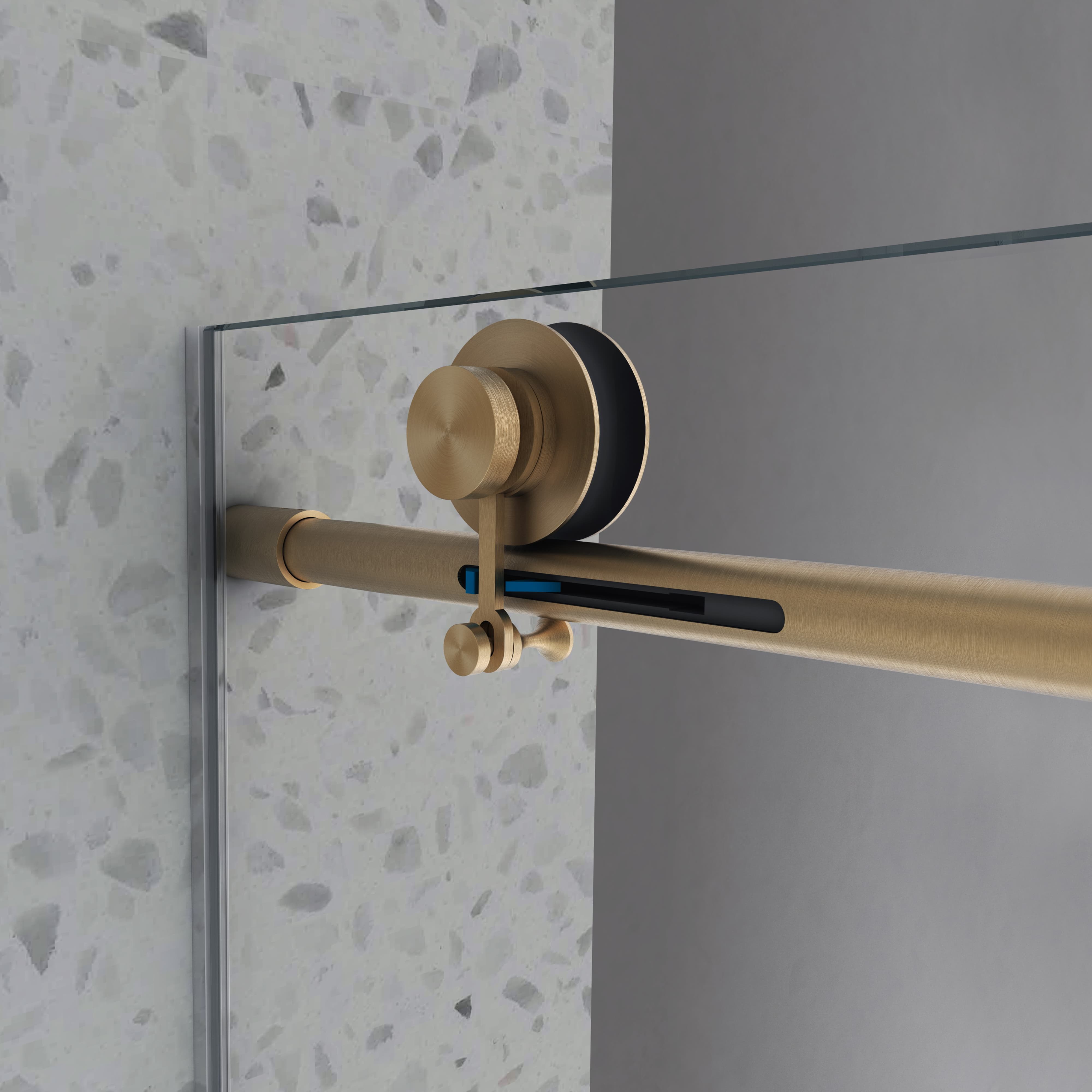 Brushed gold track hardware on Jade frameless bathtub door