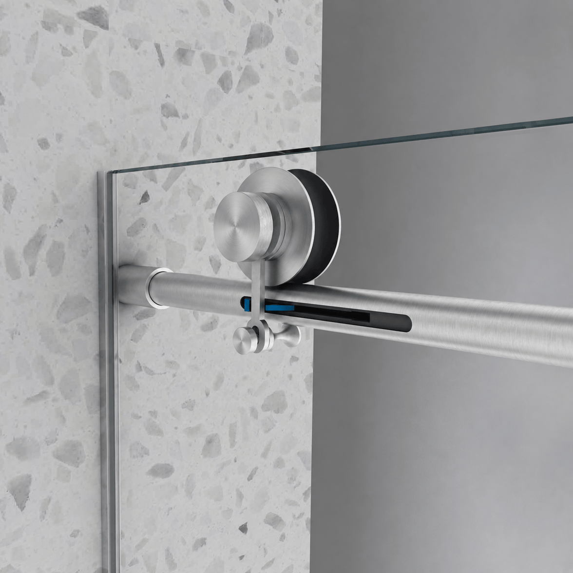 Brushed nickel track hardware on Jade frameless bathtub door