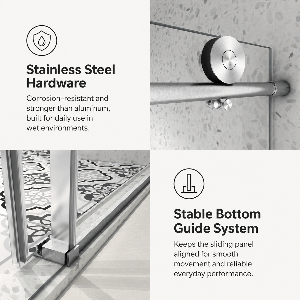 Stainless steel hardware and bottom guide on Jade bathtub door
