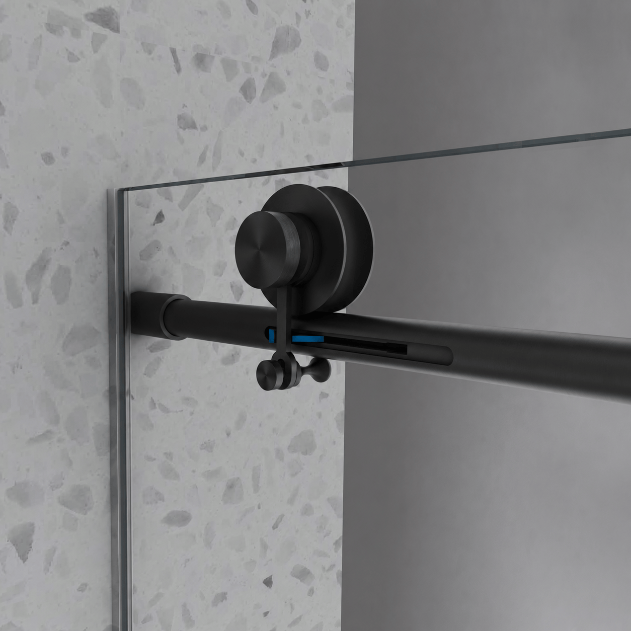 Matte black track hardware on Jade frameless bathtub door