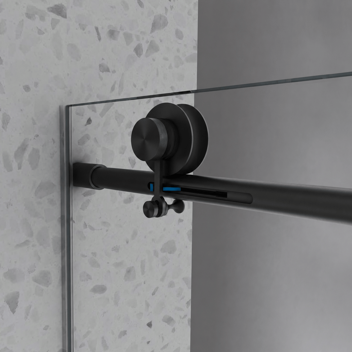 Matte black track hardware on Jade frameless bathtub door